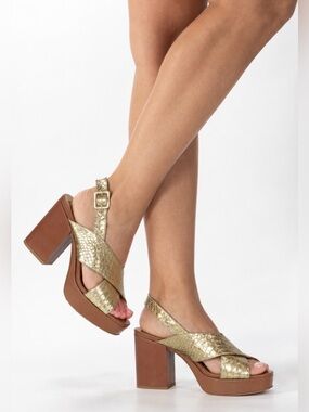 Chiarini Bologna Leather Gold Snakeskin Pattern Platform Slingback Sandals Sz 9